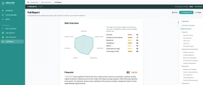 Full risk report with a comparative radar chart by category (evaluated company name anonymized)
